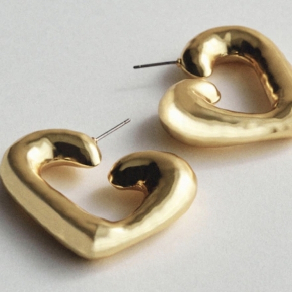 J. Crew Puffy Heart Gold Toned Hoop Earrings - Picture 2 of 5
